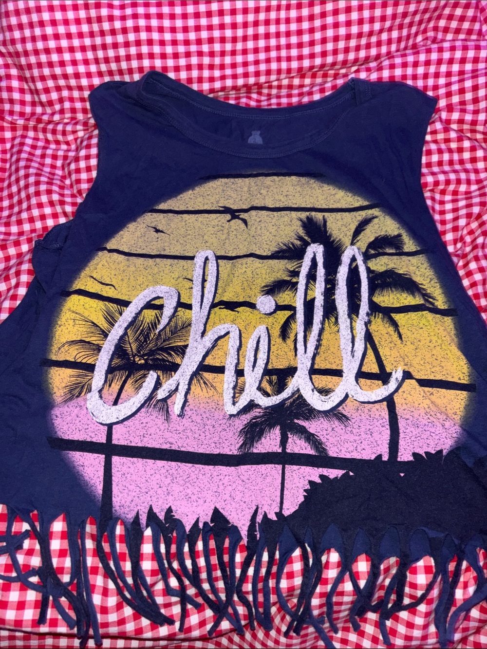XL Navy 'Chill' Sunset Fringe Tank Top